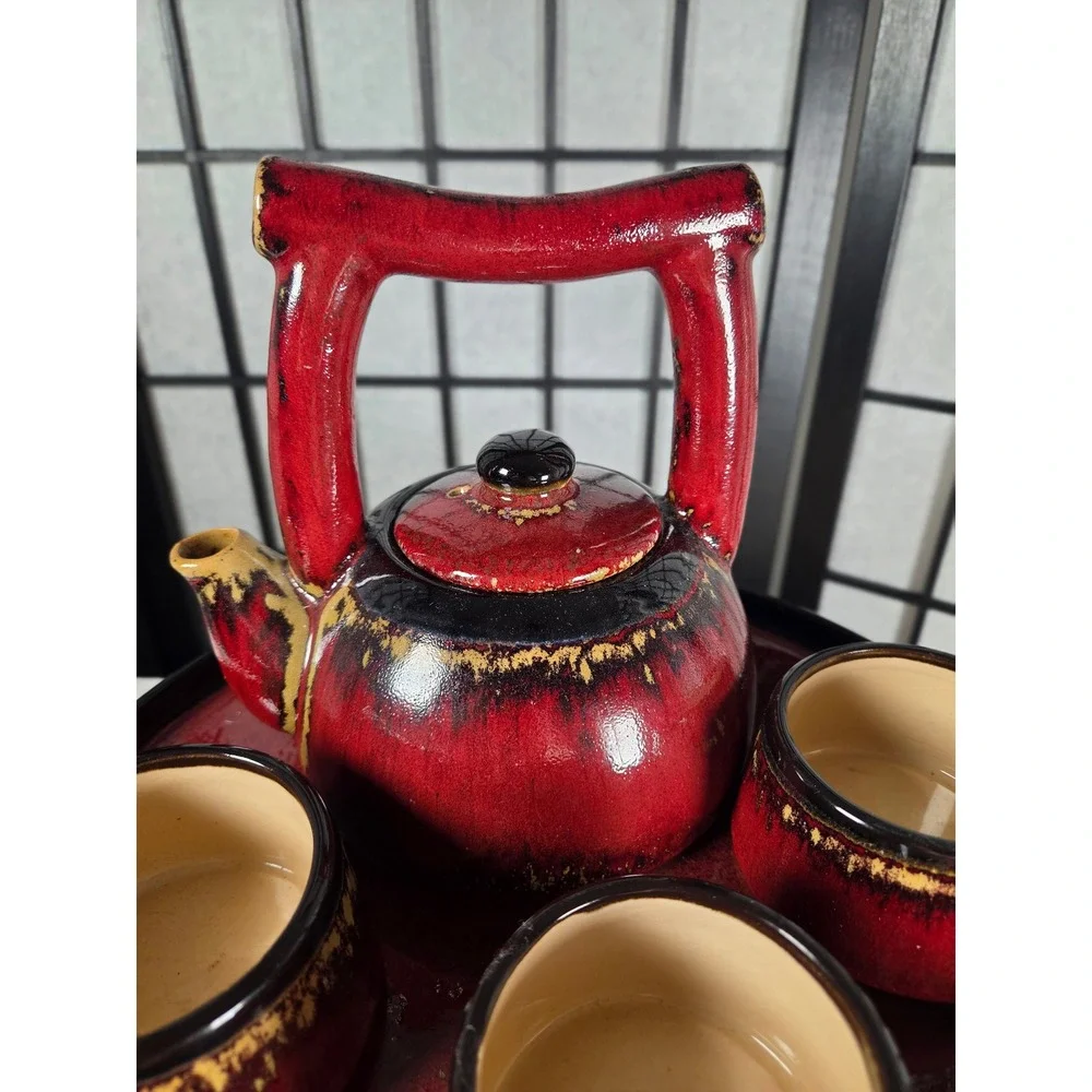 Pier 1 Shanghai Tea Set Red Black Reactive Glaze Earthenware 5 Piece Set